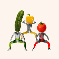 Three monochrome male athletes with colorful cucumber, tomato, and bell pepper heads isolated on white background. Contemporary art collage. Concept of healthy lifestyle, organic food, nutrition, diet