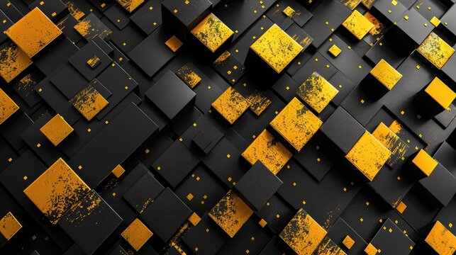 Yellow abstract background with texture and layers of gold squares on black background in modern geometric layers, artsy design illustration