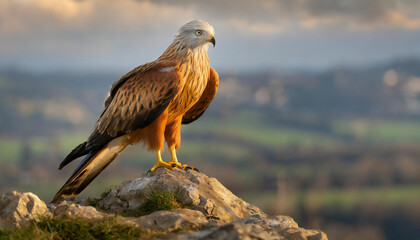 Fototapeta premium a Red Kite stands on a rocky perch overlooking the plain for a new hunt