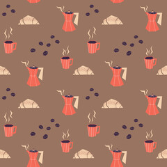 Vector seamless pattern with coffee makers, coffee cups, muffins, cookies and croissants on a brown background. Ideal for kitchen styling, textiles, wrapping paper, scrapbooking.