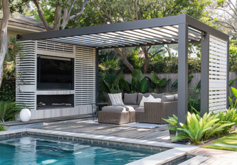 A modern and minimalist white timber pergola with slats on the roof
