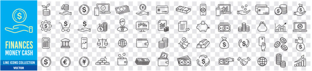 Finance icon set. cash earning money fund loan financial goal saving payments bank, cryptocurrency check wallet profit budget mutual revenue icons. Editable stroke line liner icons collection vector.