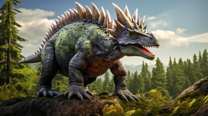 Stegosaurus dinosaurs in nature. Jurassic World, Historical extinct Animals living Many centuries...