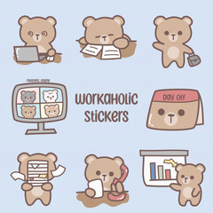 Set of workaholic bear stickers