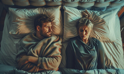 A photo of an angry man and woman sleeping in bed facing away from each other