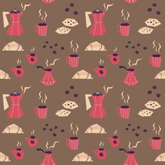 Vector seamless pattern with coffee makers, coffee cups, muffins, cookies and croissants on a brown background. Ideal for kitchen styling, textiles, wrapping paper, scrapbooking.