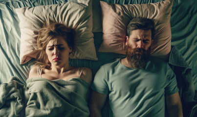 A photo of an angry man and woman sleeping in bed facing away from each other