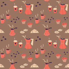 Vector seamless pattern with coffee makers, coffee cups, muffins, cookies and croissants on a brown background. Ideal for kitchen styling, textiles, wrapping paper, scrapbooking.