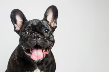 Black French Bulldog sitting with tongue out on white background