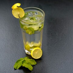 Closeup of a glass of an iced lemonade with lemon and mint