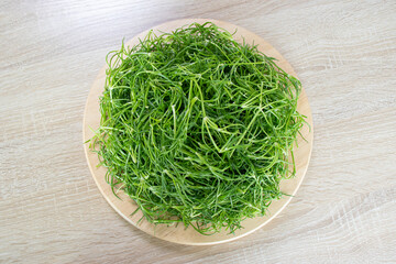 Fresh green Spergularia marina vegetables on a round hardwood tray with wooden background.
