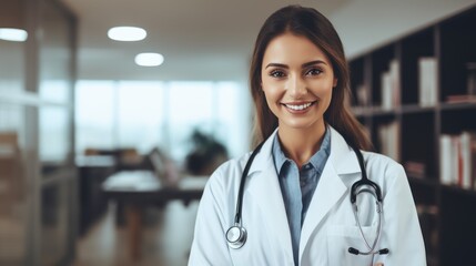 Woman physician in white coat with stethoscope at clinic - 774094132