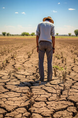 Man standing in barren field with drought-stricken crops - 774094147