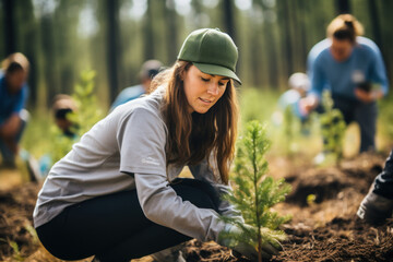 Woman in cap reforesting young pine in woodland area - 774094162