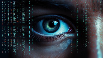 Male programmer's eye reflecting cyber security code - 774094167