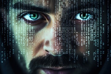 Close-up of man's eyes with digital code reflection cybersecurity concept - 774094169