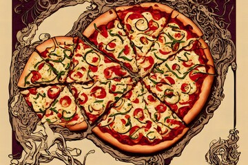 Illustration of pizza in the Art Nouveau style, graphic illustration