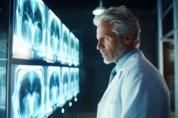 Experienced doctor examining MRI brain scans in dimly lit room - 774094195