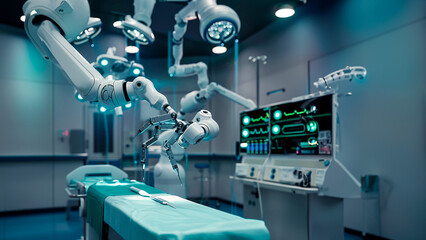 A complete robotic surgical team in a hospital operating room ready to operate on a patient, the room is well lit and sterile - obrazy, fototapety, plakaty