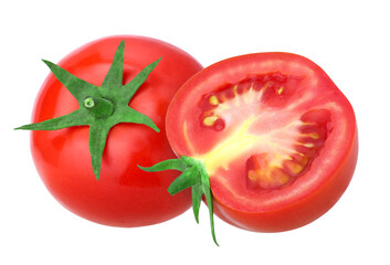 Tomatoes with leaves and half isolated, transparent PNG, PNG format, juicy
