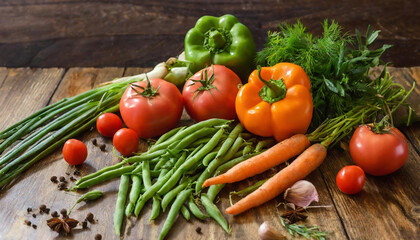 A diverse selection of fresh vegetables, including tomatoes, dill, bell peppers, carrots, and green beans on vintage wooden table	