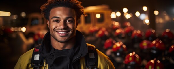 Portrait of handsome afro fireman wearing firefighter suit for safety, banner. Generative AI. - obrazy, fototapety, plakaty