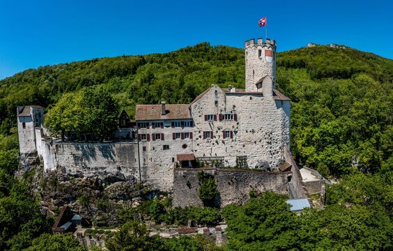 Drone shot of the Castle Neu Bechburg on a sunny day in Oensingen, Solothurn, Switzerland
