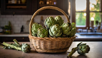 A wicker basket filled with fresh green artichokes rests on top of a wooden table in the kitchen	