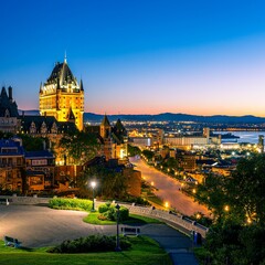 Beautiful view of the Chateau Frontenac surrounded by greenery in Quebec, Canada at nighttime