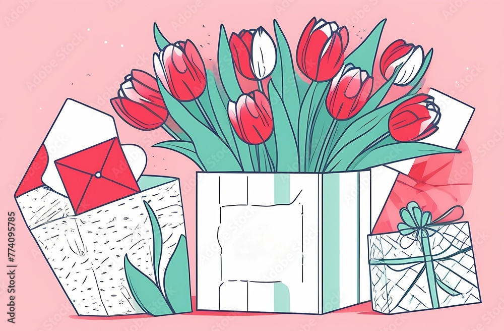 Poster a frame framed with colorful tulips with a free place to insert text, a blank for a greeting card