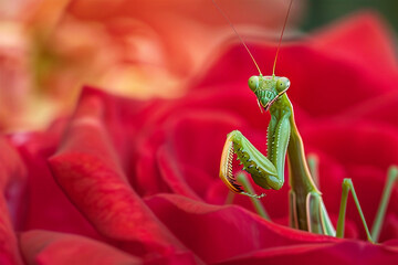 praying mantis on red rose - obrazy, fototapety, plakaty