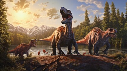 A painting of three dinosaurs, one of which is a Tyrannosaurus Rex - obrazy, fototapety, plakaty
