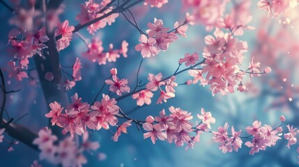 Minimalist portrayal of sakura cherry blossoms on simple branches overhead.