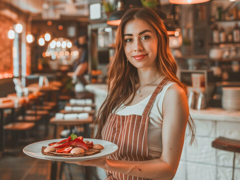 A beautiful waitress in an elegant restaurant holding out the plate of food she just served, portrait photo, warm lighting