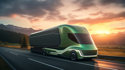 Green electric truck concept. Eco car on forest road, Ecosystem ecology healthy environment road trip travel. Eco car with nature, Electric car and earth EV electrical energy for environment.
