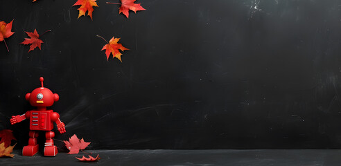 Robot withe yellow maple leaves on the background of a black chalkboard, the concept of modern...