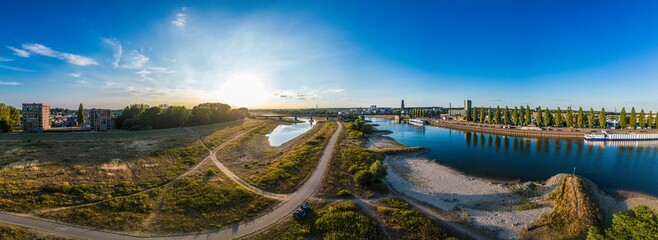 Panoramic view of John Frost Bridge in Arnhem, Netherlands under blue sky