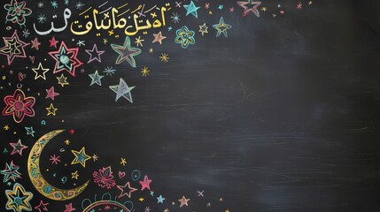 Fototapeta na wymiar a classic black solid color as your base. Design a background resembling a chalkboard with festive Eid greetings written in colorful chalk, creating a playful and interactive look