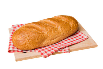 Freshly baked bread on cutting board isolated on white background . perspective view bread with copy space