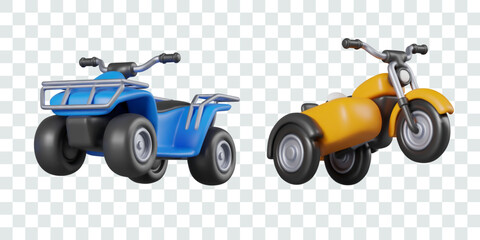 Tricycle with sidecar and quad bike. Different types of open vehicles for daily use and racing