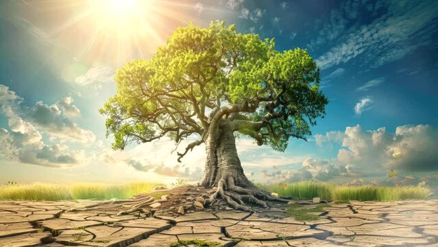 Resilient Oasis: A majestic tree, a beacon of life, stands resolute against a backdrop of parched earth and vibrant sky, symbolizing hope and endurance.