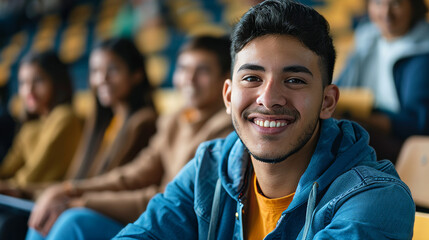 Portrait of a latino american happy university student sitting in a college lecture hall - Powered by Adobe