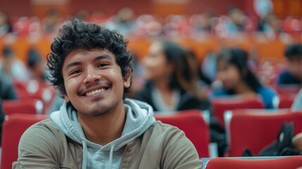 Portrait of a latino american happy university student sitting in a college lecture hall