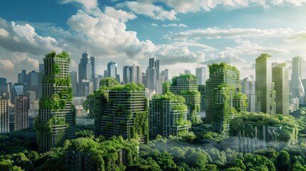 Conceptual cityscape with buildings covered in lush greenery under a clear sky with clouds. - obrazy, fototapety, plakaty