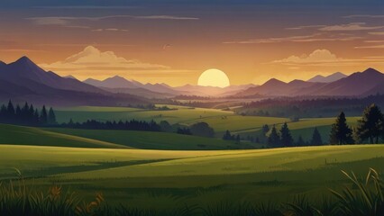 a sunset over a field with trees and mountains
a painting of a mountain landscape with mountains in the background