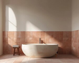 Modern bathroom with freestanding tub and terracotta tiles bathed in the serene light of morning. - obrazy, fototapety, plakaty