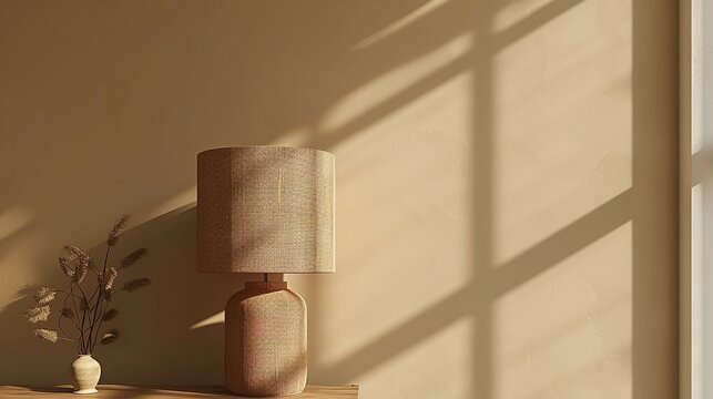 3D render of a terracotta lampshade in a serene, minimalist bedroom.