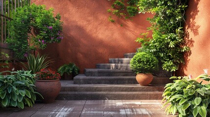 3D render of terracotta steps in a simple, outdoor garden scene
