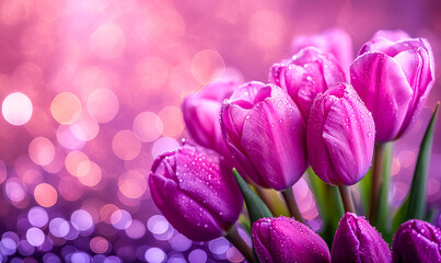 Obraz premium Fresh spring tulip flowers as a holiday postcard design blurred background. Space for text