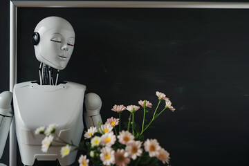 Robot on the background of a black chalkboard, the concept of modern technologies in learning and back to school